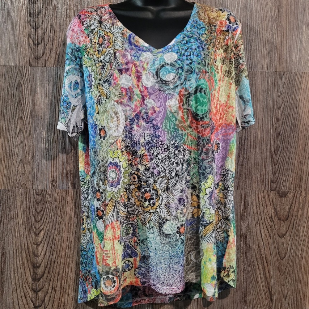 Katharina Marie Burnout Art to Wear T-Shirt Size 1X Multicolor Mixed Print Artsy